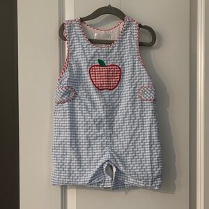 Blue Gingham Kids One Piece with Apple Design